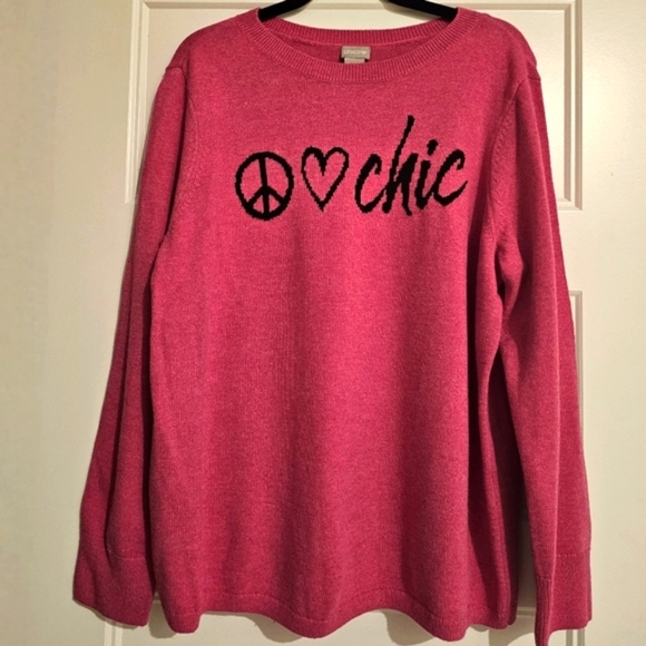 Chico's Cashmere Blend Hot Pink Sweater with Peace Love Chic Design Chico's 3/XL - Picture 5 of 8